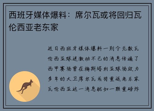 西班牙媒体爆料：席尔瓦或将回归瓦伦西亚老东家
